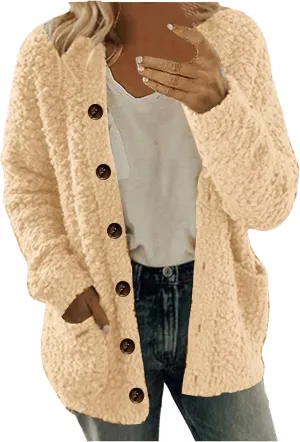 Fashion Sherpa Jacket for Women Casual Fall Winter Coats Solid Button Cardigan Tops Plush Coat with Pockets