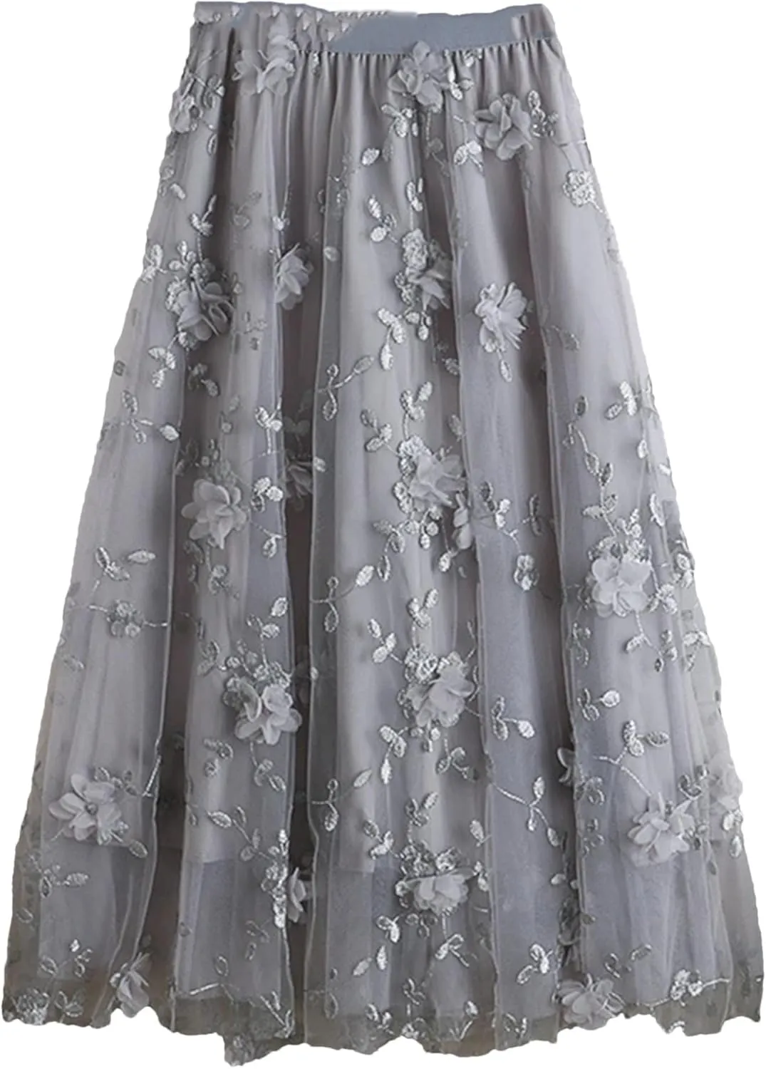 Fashion Spring Embroidered Floral Spliced Mesh Skirt Women Casual Elastic High Waist A-Line Skirts