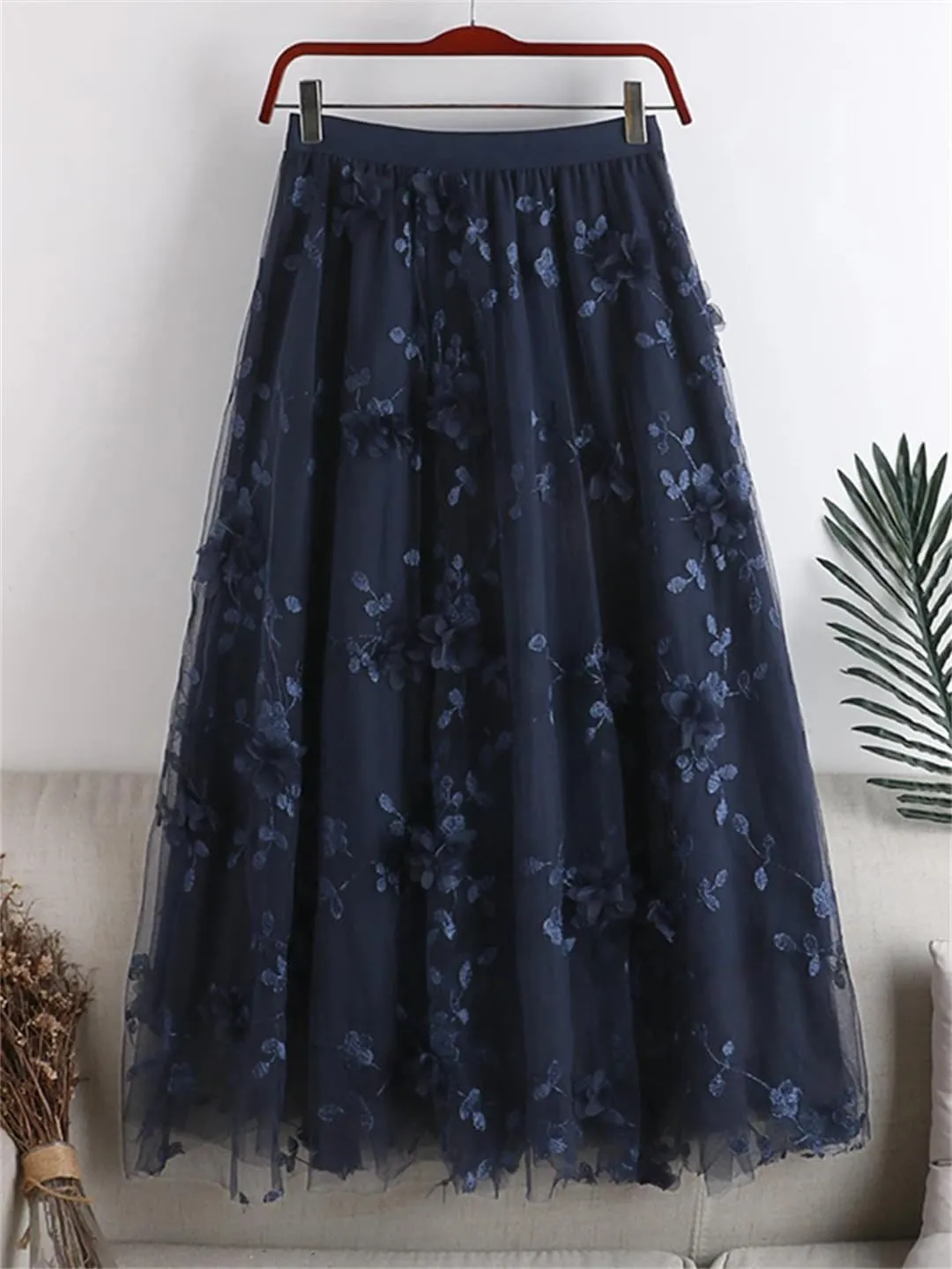 Fashion Spring Embroidered Floral Spliced Mesh Skirt Women Casual Elastic High Waist A-Line Skirts