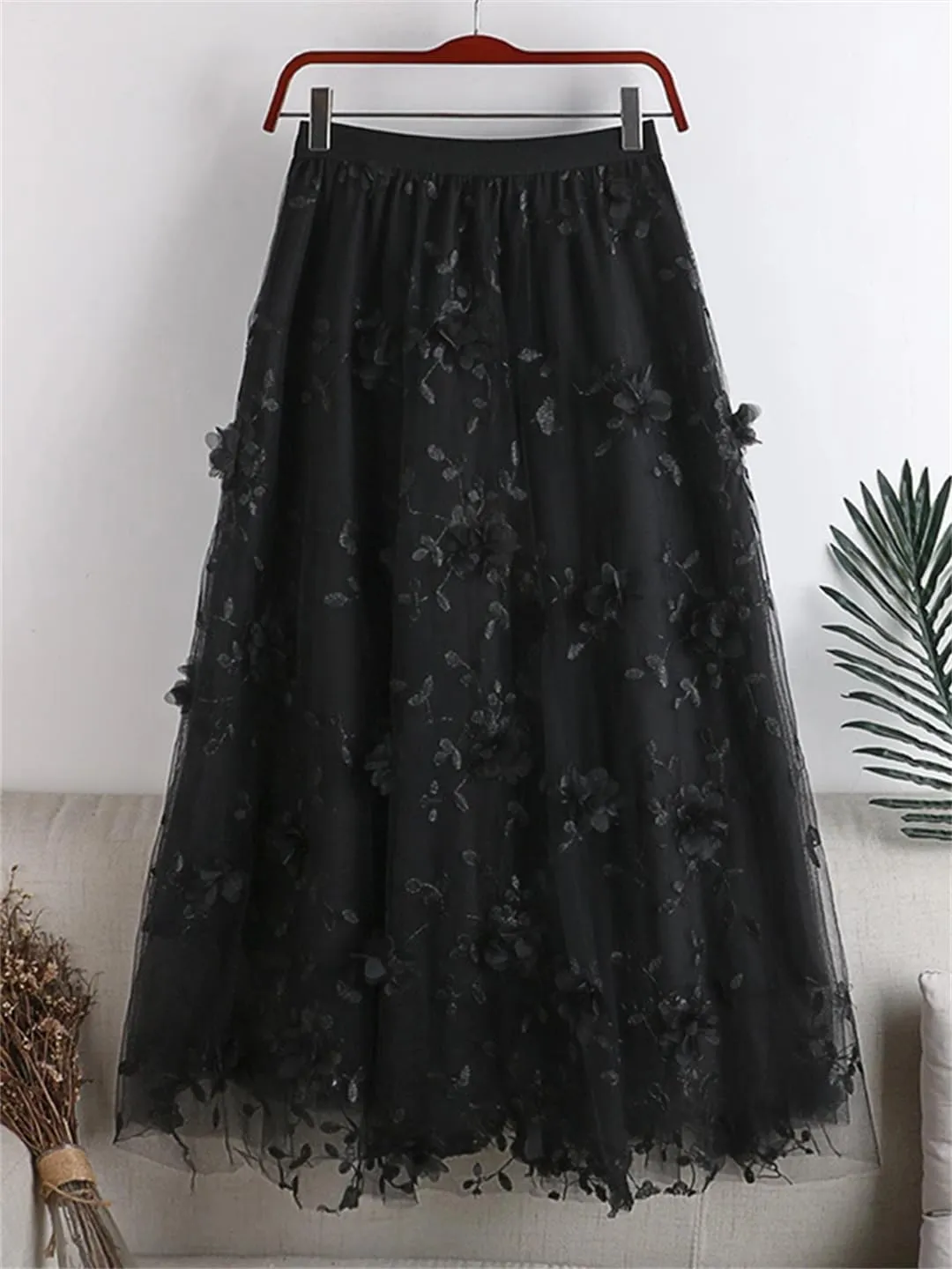 Fashion Spring Embroidered Floral Spliced Mesh Skirt Women Casual Elastic High Waist A-Line Skirts