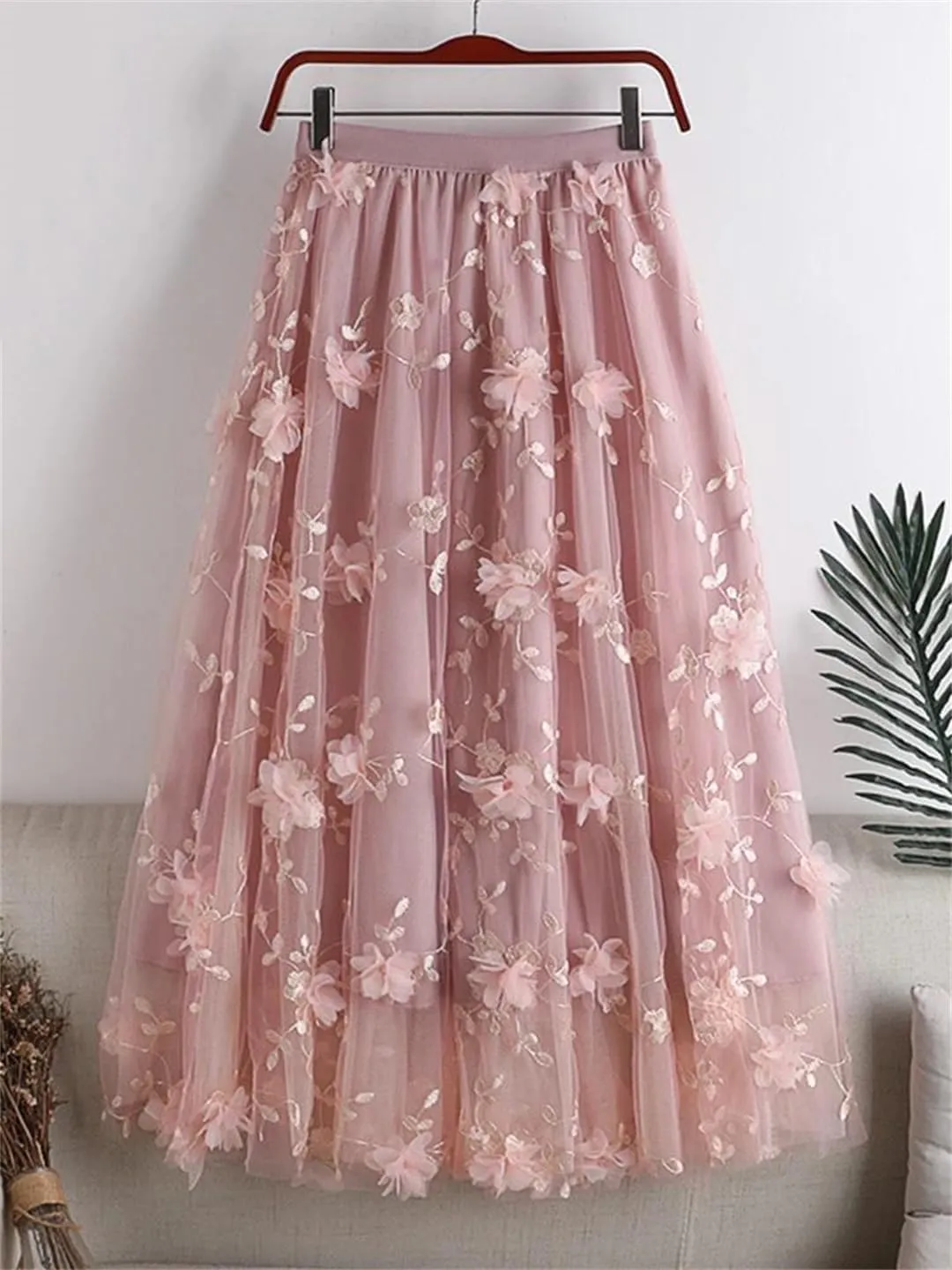 Fashion Spring Embroidered Floral Spliced Mesh Skirt Women Casual Elastic High Waist A-Line Skirts