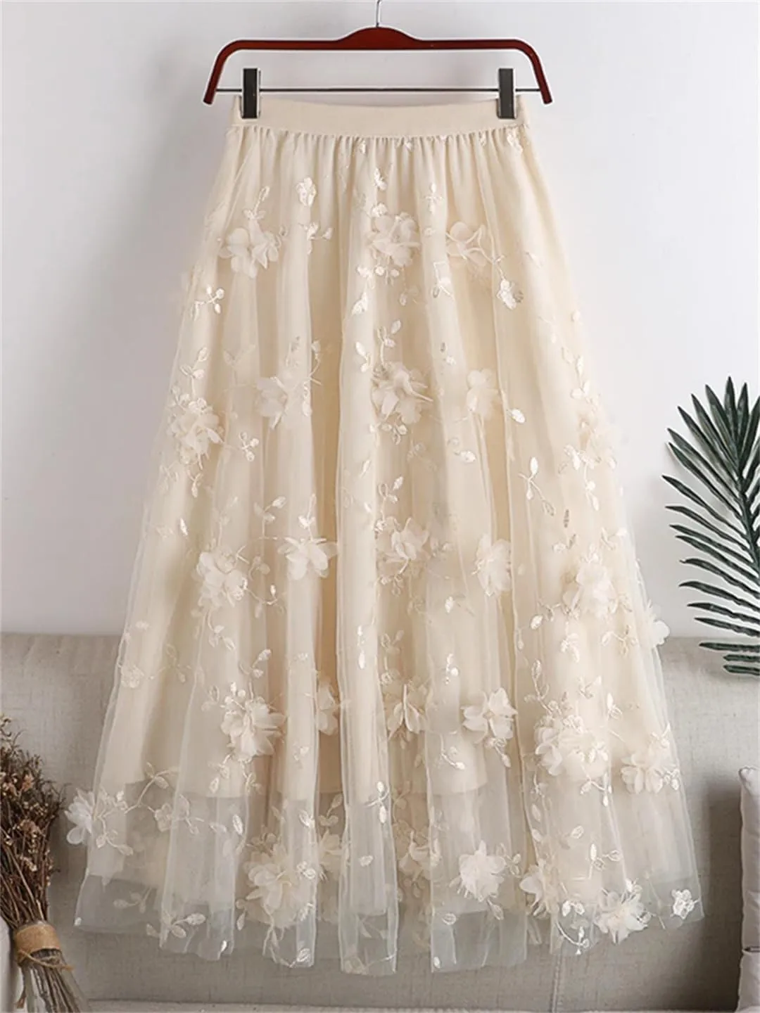 Fashion Spring Embroidered Floral Spliced Mesh Skirt Women Casual Elastic High Waist A-Line Skirts