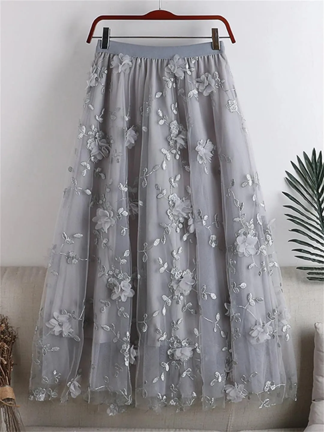 Fashion Spring Embroidered Floral Spliced Mesh Skirt Women Casual Elastic High Waist A-Line Skirts