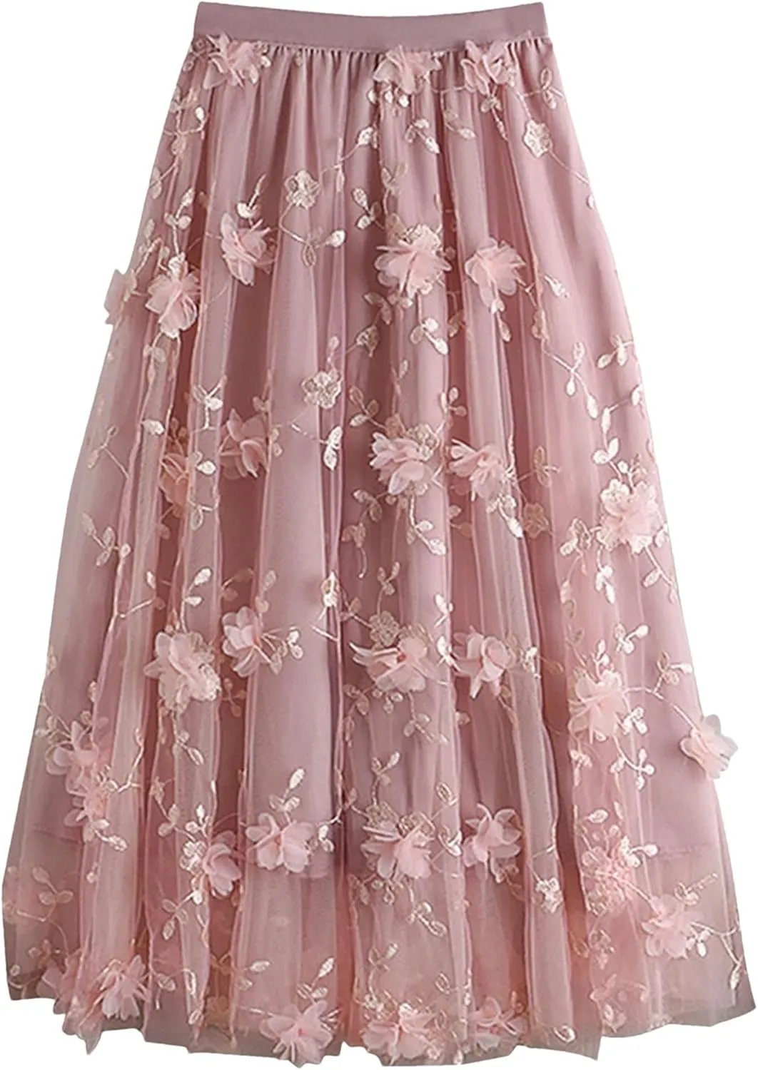 Fashion Spring Embroidered Floral Spliced Mesh Skirt Women Casual Elastic High Waist A-Line Skirts