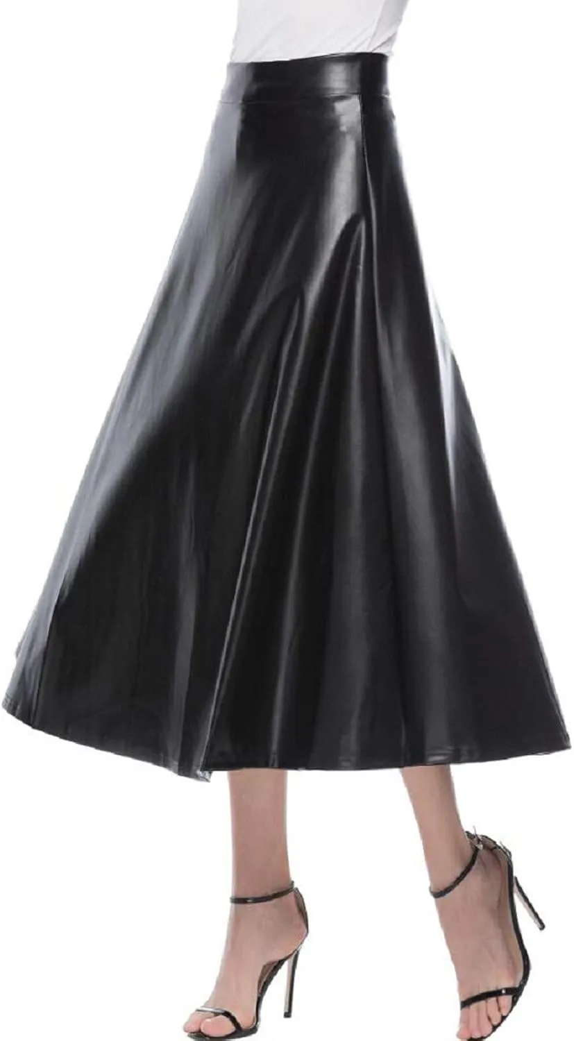 Faux Leather A Line Womens High Waist Skirts Pleather Midi Long Skirt Solid Color Skirt Summer Skirts for Women