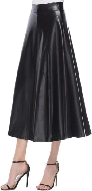 Faux Leather A Line Womens High Waist Skirts Pleather Midi Long Skirt Solid Color Skirt Summer Skirts for Women