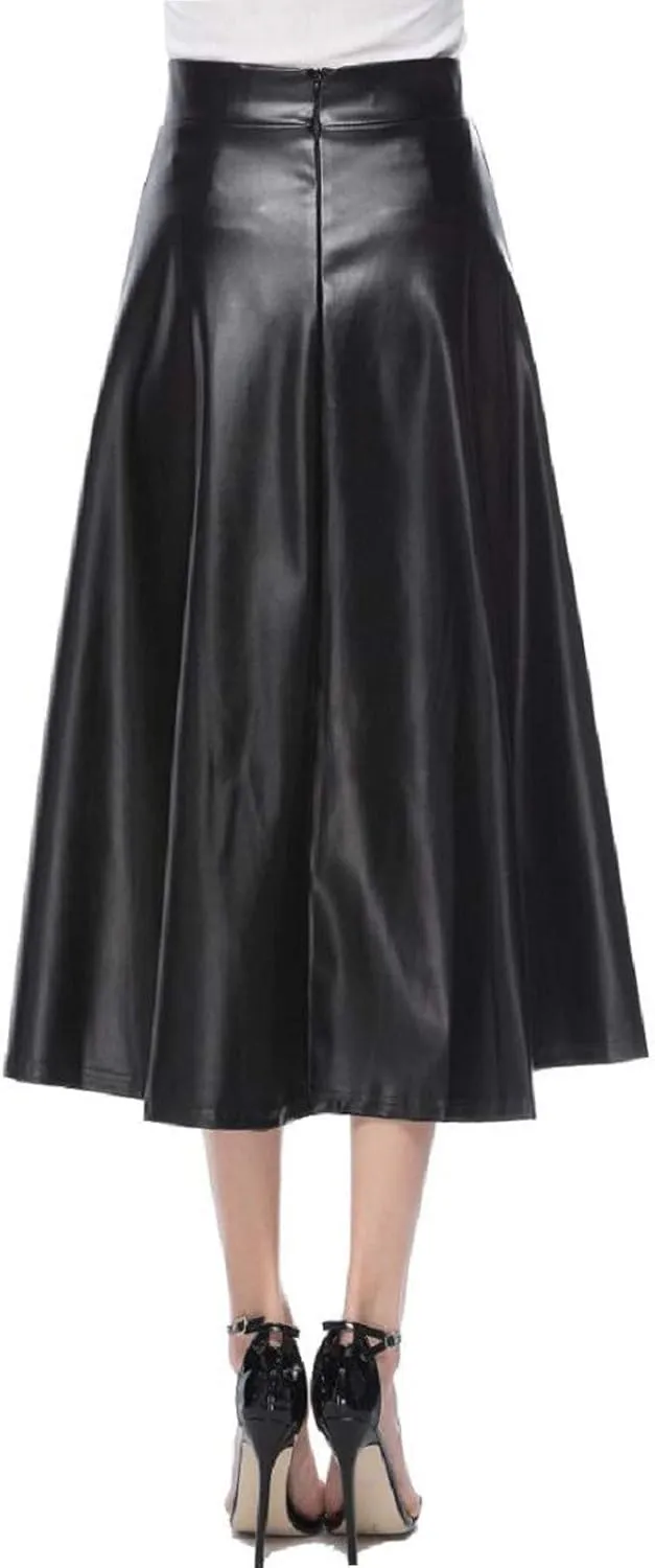 Faux Leather A Line Womens High Waist Skirts Pleather Midi Long Skirt Solid Color Skirt Summer Skirts for Women