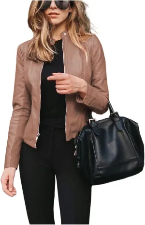 Faux Leather Jacket for Women Zip Up PU Bomber Jacket Casual Long Sleeve Vintage Coats Cropped Slim Motorcycle Coat