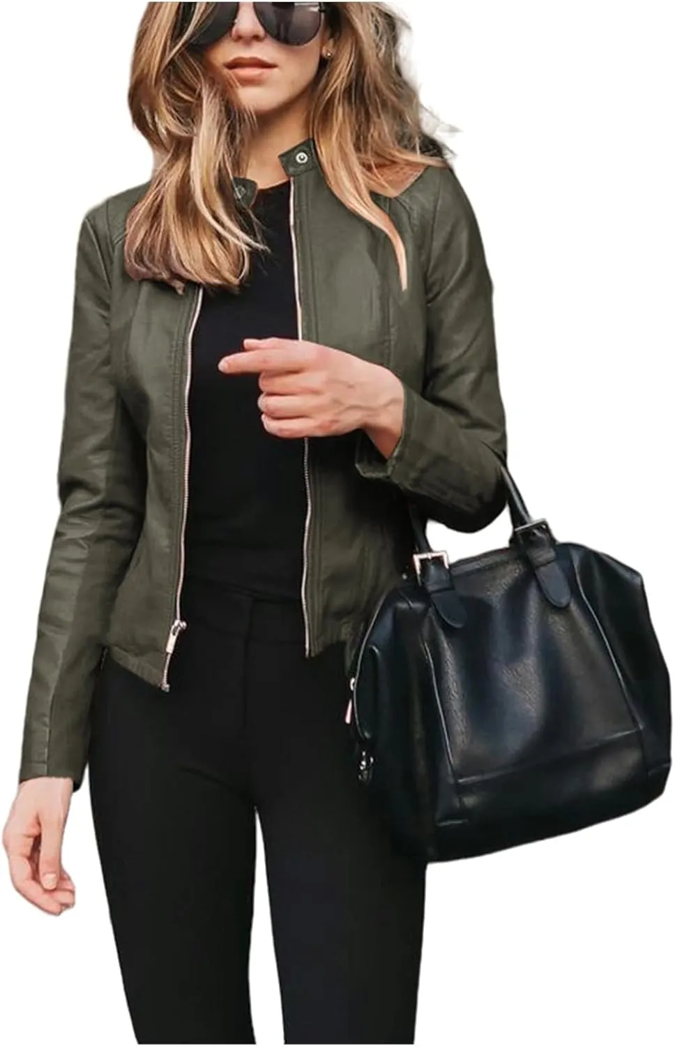 Faux Leather Jacket for Women Zip Up PU Bomber Jacket Casual Long Sleeve Vintage Coats Cropped Slim Motorcycle Coat