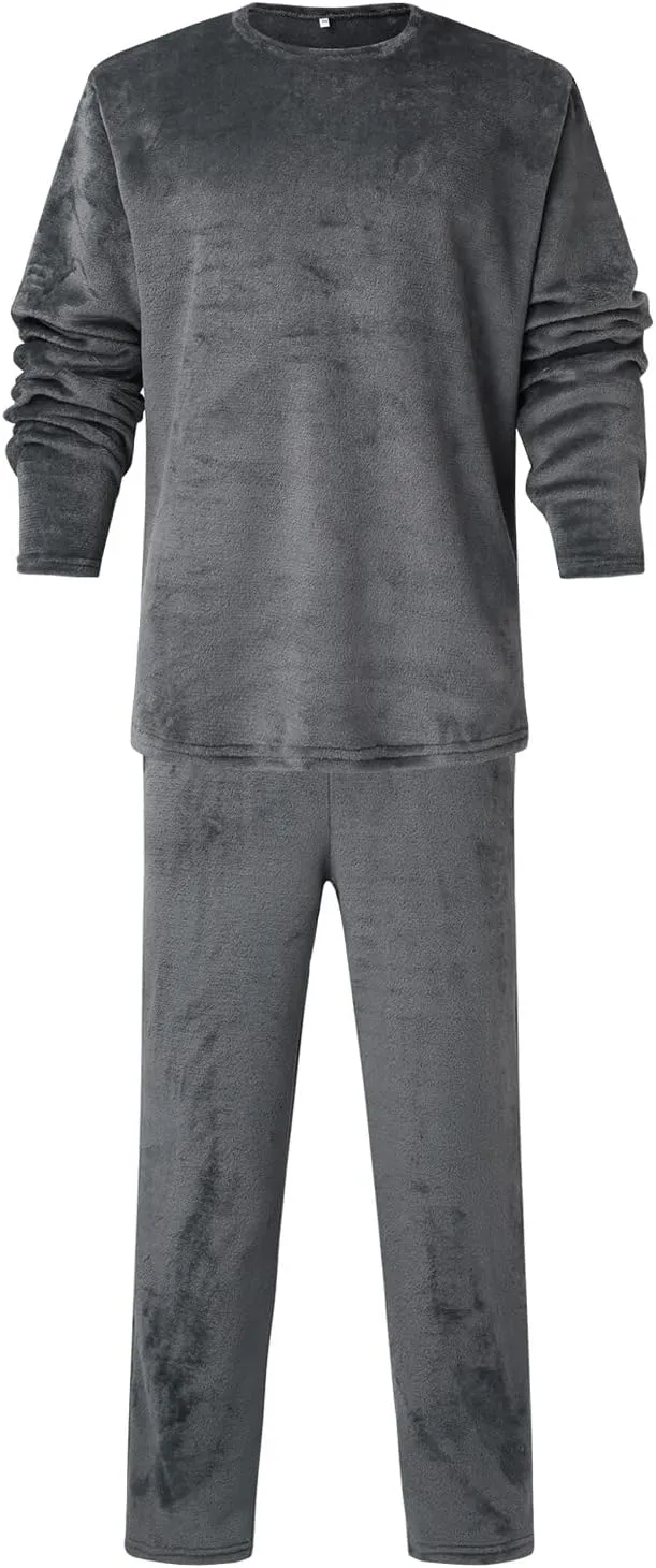 Flannel Pajamas For Men 2Pc Set Crewneck Long Sleeve Pjs Winter Warm Cozy Soft Fuzzy Lounge Pants Home Sleepwear