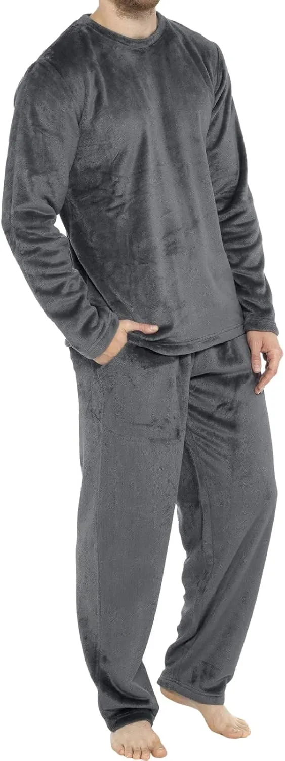 Flannel Pajamas For Men 2Pc Set Crewneck Long Sleeve Pjs Winter Warm Cozy Soft Fuzzy Lounge Pants Home Sleepwear