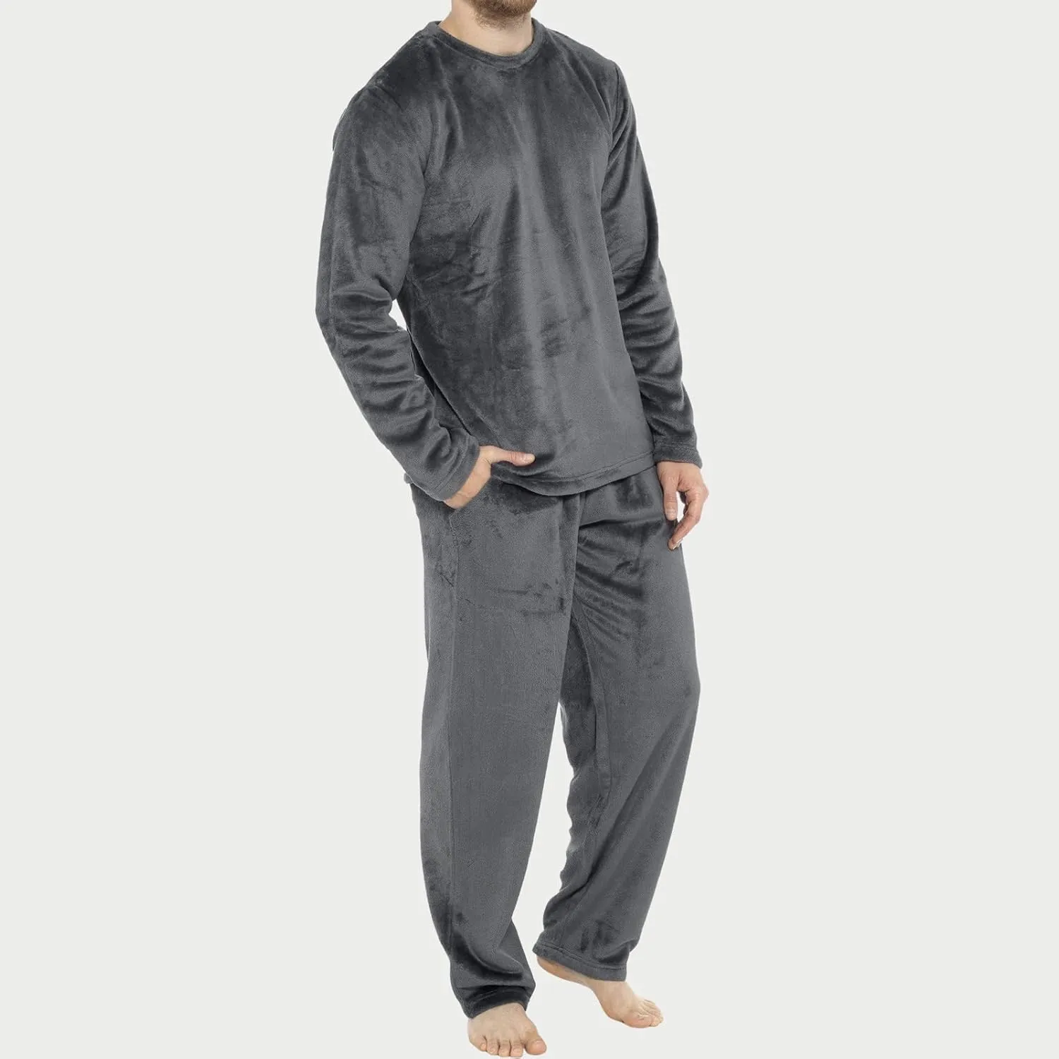 Flannel Pajamas For Men 2Pc Set Crewneck Long Sleeve Pjs Winter Warm Cozy Soft Fuzzy Lounge Pants Home Sleepwear