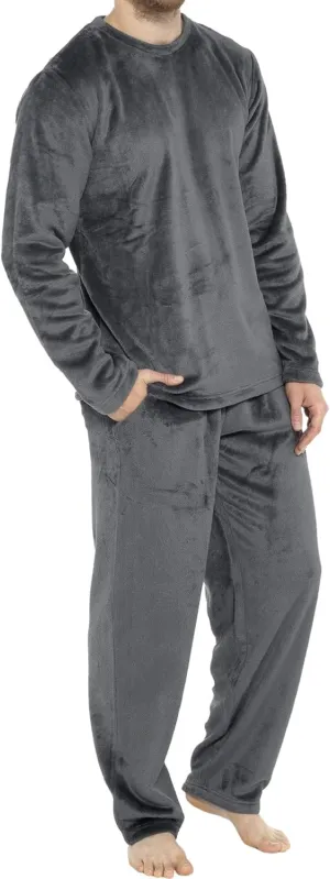 Flannel Pajamas For Men 2Pc Set Crewneck Long Sleeve Pjs Winter Warm Cozy Soft Fuzzy Lounge Pants Home Sleepwear