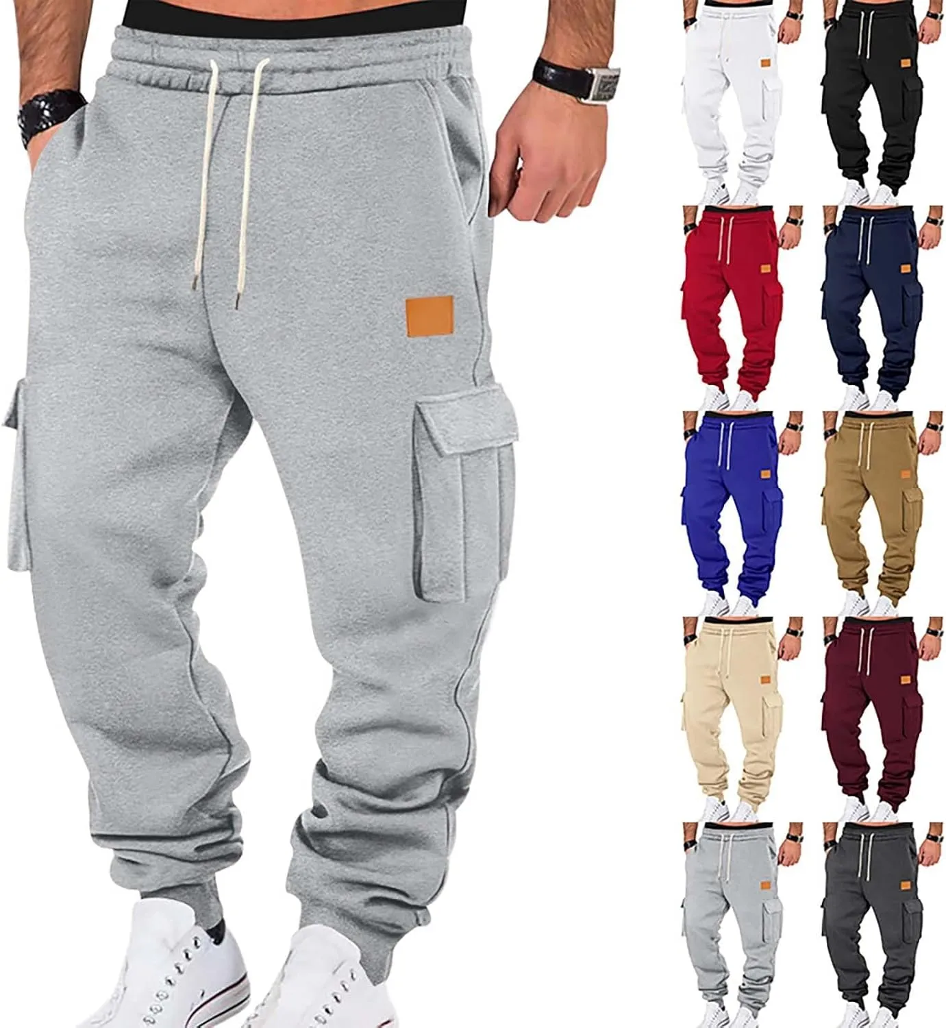 Fleece Lined Cargo Sweatpants for Men Baggy Drawstring Waist Joggers with Pockets Gym Workout Heavyweight Trousers