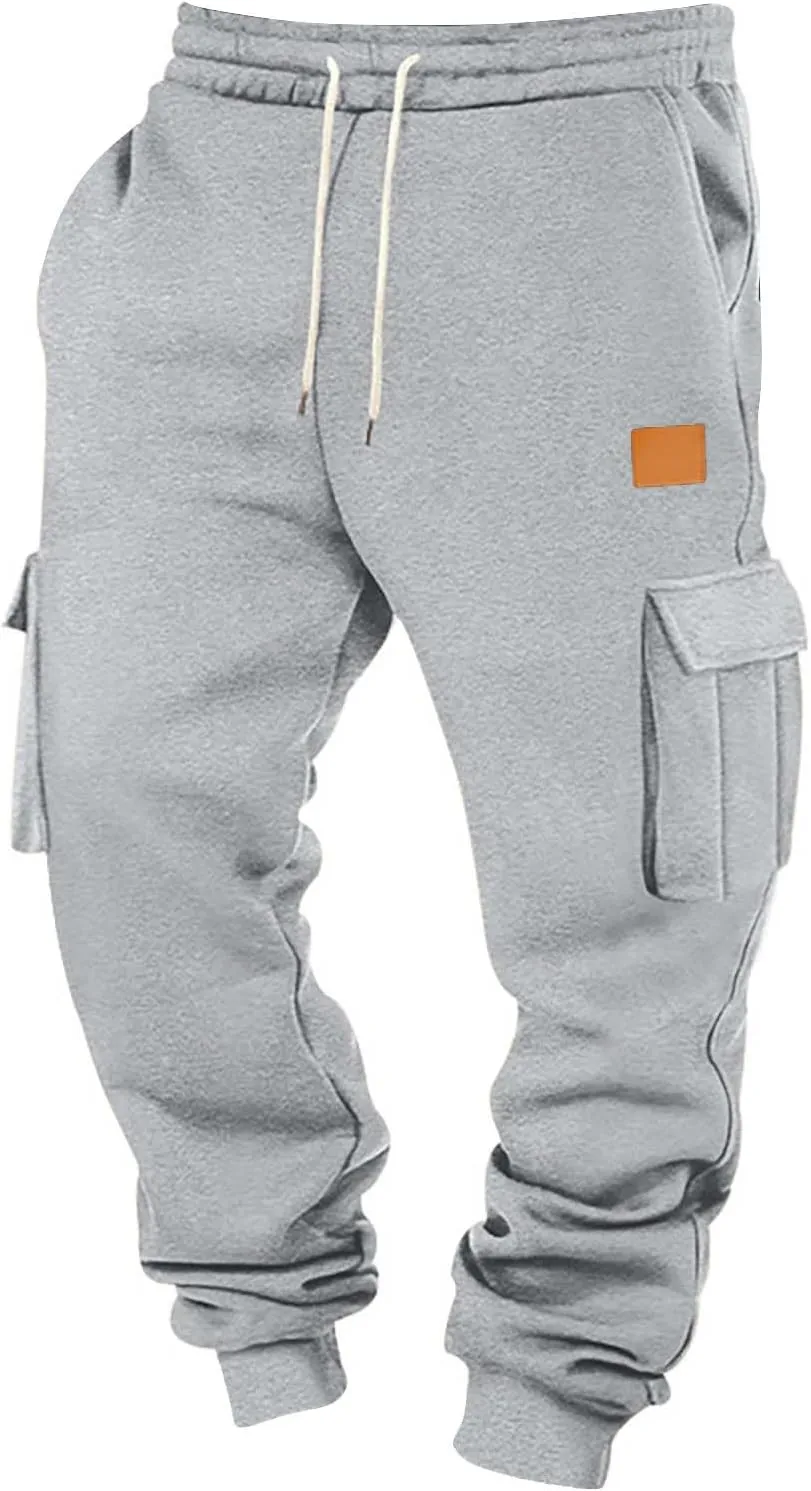Fleece Lined Cargo Sweatpants for Men Baggy Drawstring Waist Joggers with Pockets Gym Workout Heavyweight Trousers