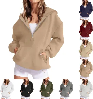 Fleece Oversized Hoodie Women Loose Fit Half Zip Pullover Sweatshirts Trendy Drawstring Hem Jacket with Pockets