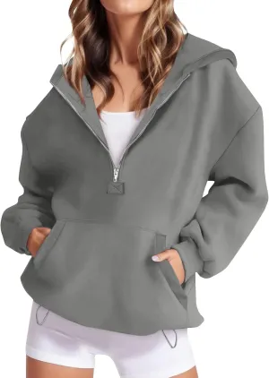 Fleece Oversized Hoodie Women Loose Fit Half Zip Pullover Sweatshirts Trendy Drawstring Hem Jacket with Pockets