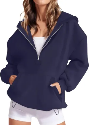 Fleece Oversized Hoodie Women Loose Fit Half Zip Pullover Sweatshirts Trendy Drawstring Hem Jacket with Pockets