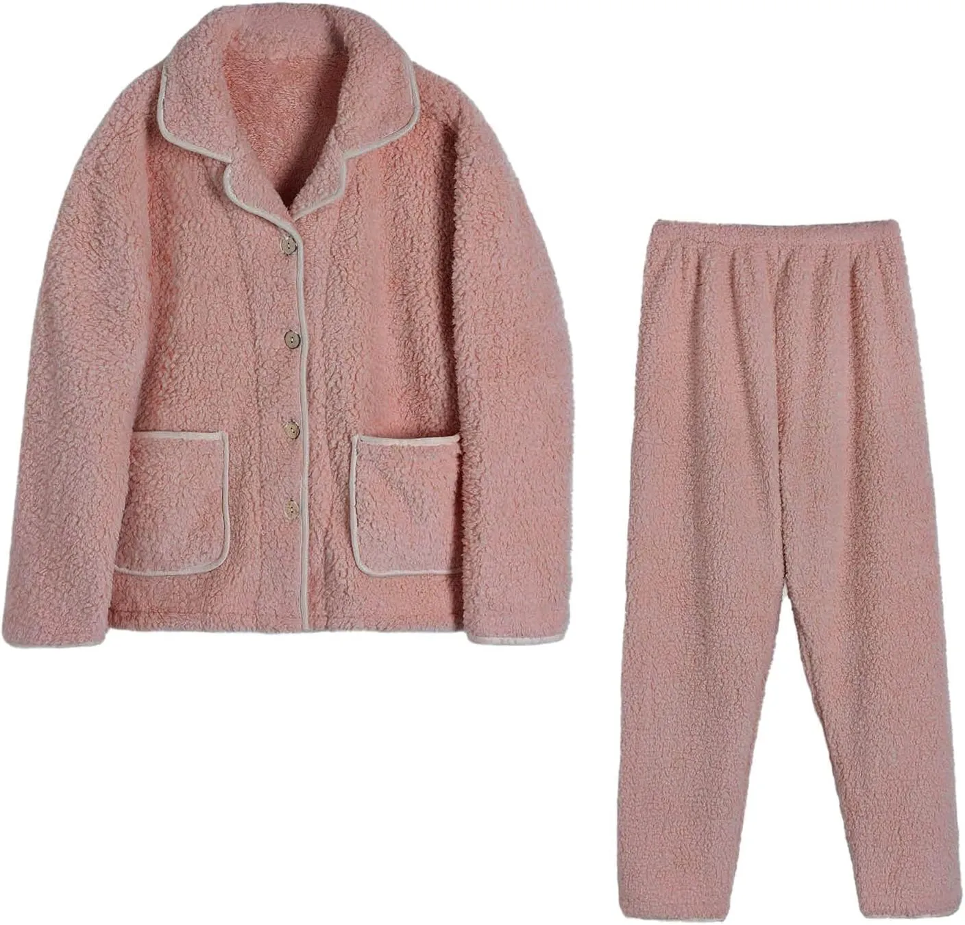 Fleece Pajamas Women Set 2 Piece Lounge Set Fuzzy Button Down Shirts and Pajama Pants Cozy Soft Pjs Sets Sleepwear