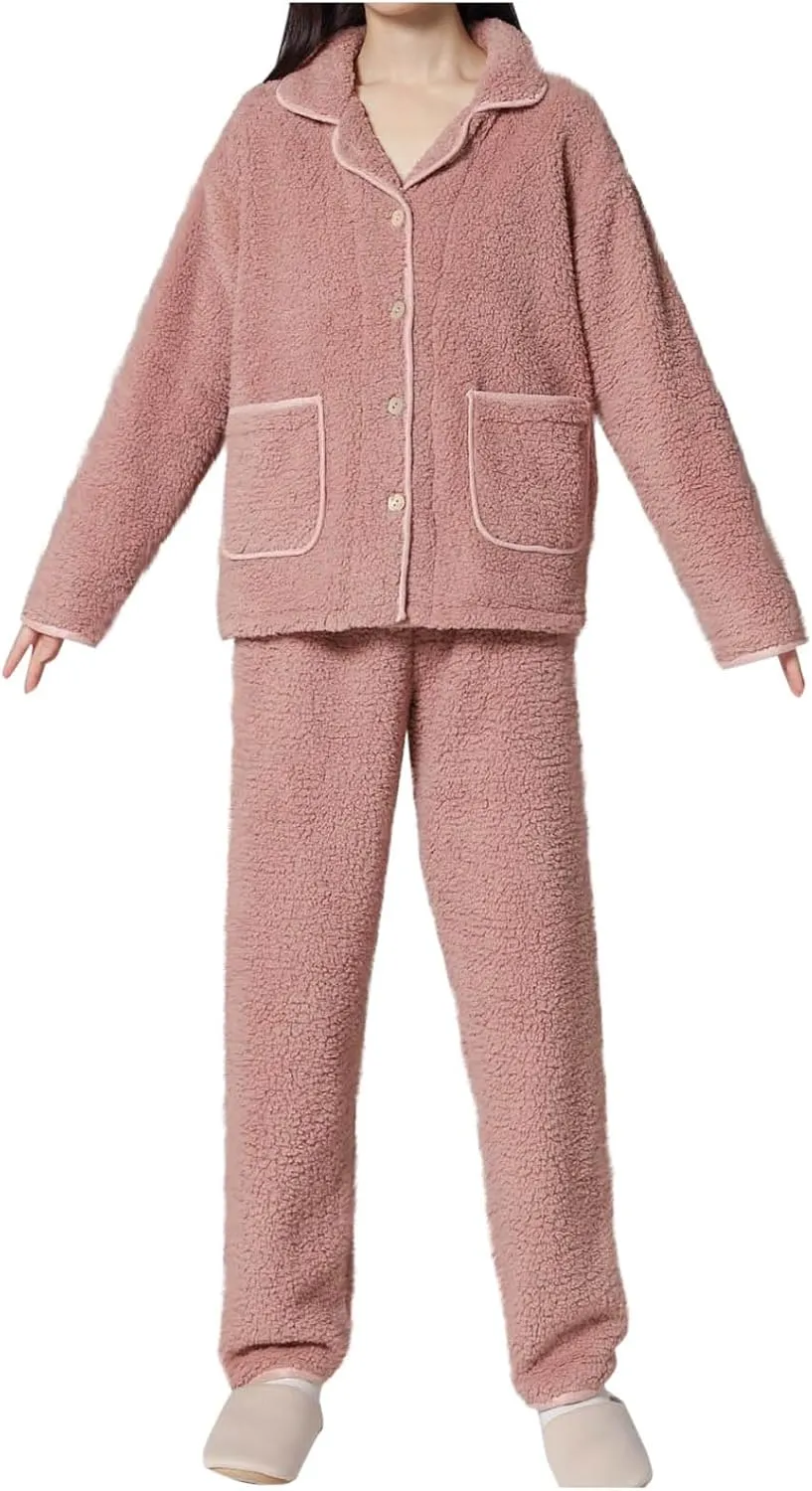 Fleece Pajamas Women Set 2 Piece Lounge Set Fuzzy Button Down Shirts and Pajama Pants Cozy Soft Pjs Sets Sleepwear
