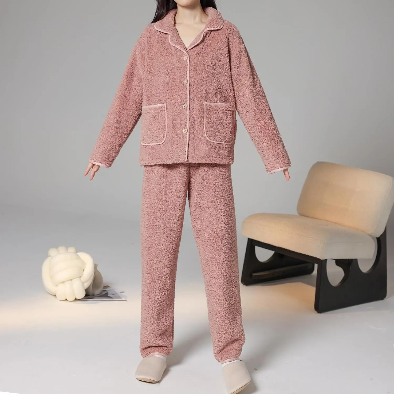 Fleece Pajamas Women Set 2 Piece Lounge Set Fuzzy Button Down Shirts and Pajama Pants Cozy Soft Pjs Sets Sleepwear