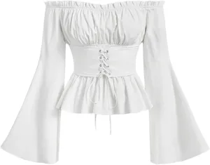 Floerns Women's Goth Frill Trim Off Shoulder Blouses Bell Long Sleeve Peplum Tops