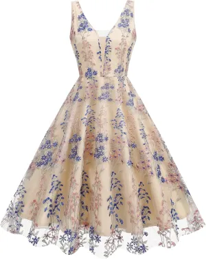 Floral Embroidery Dress for Women Plunge V Neck Sleeveless Flower Embroidered Dress Tulle Prom Dress Short Wedding Guest Vintage Cocktail Dress Formal Evening Tea Party Dress Apricot Royal Blue XL