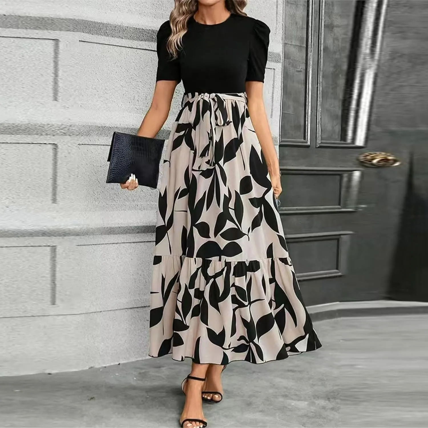 Floral Maxi Dresses for Women Casual Summer Short Sleeve Dress Crewneck Flowy Midi Dress Elegant Work Dress with Belt