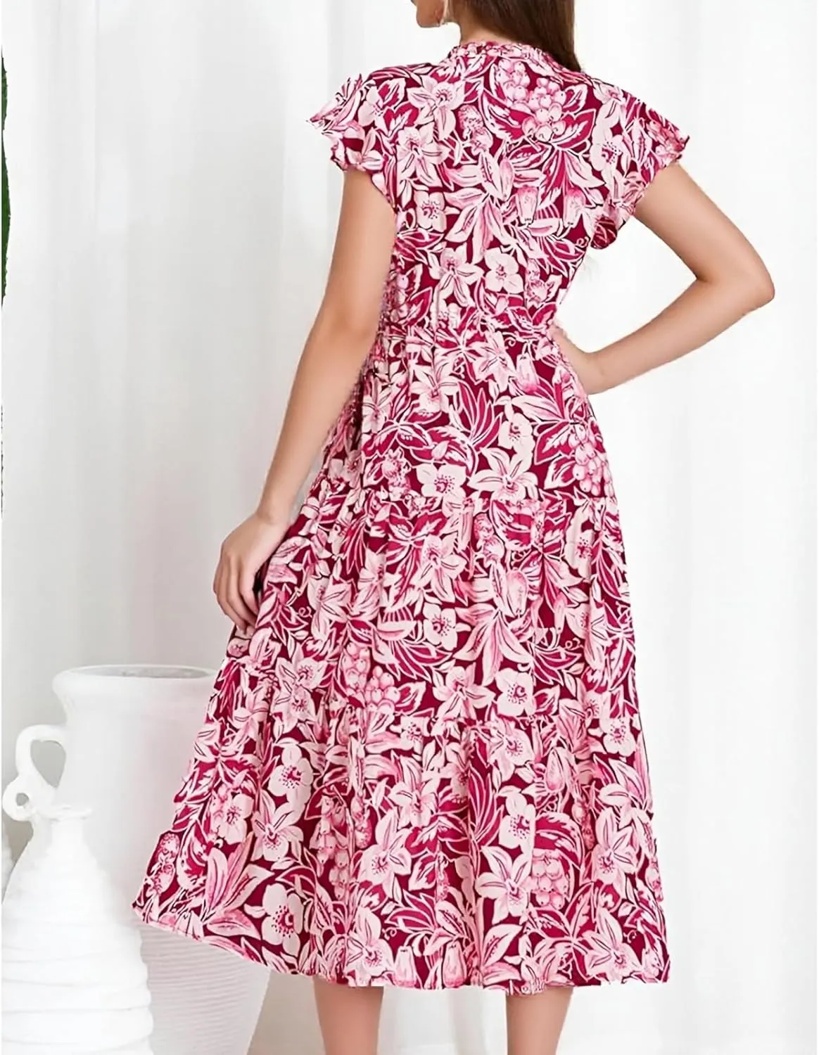 Floral Midi Dress for Women Summer V Neck Cap Sleeve Tie Front Fit and Flare Dress Beachy Elegant Tea Length Dresses
