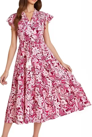 Floral Midi Dress for Women Summer V Neck Cap Sleeve Tie Front Fit and Flare Dress Beachy Elegant Tea Length Dresses