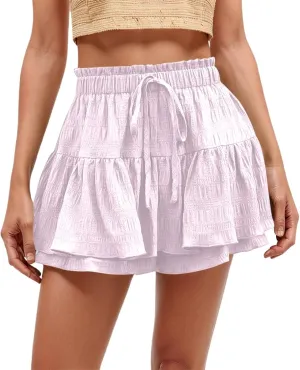 Flowy Summer Shorts for Women Lace Layered High Waist Elastic Mini Skirts Ruffle Hem Pleated Casual Swing Beach Skorts