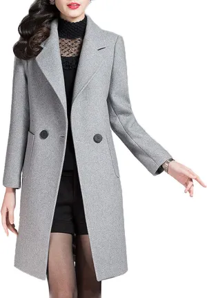 Flygo Women's Classic Lapel Wool Blend Pea Coat Jacket