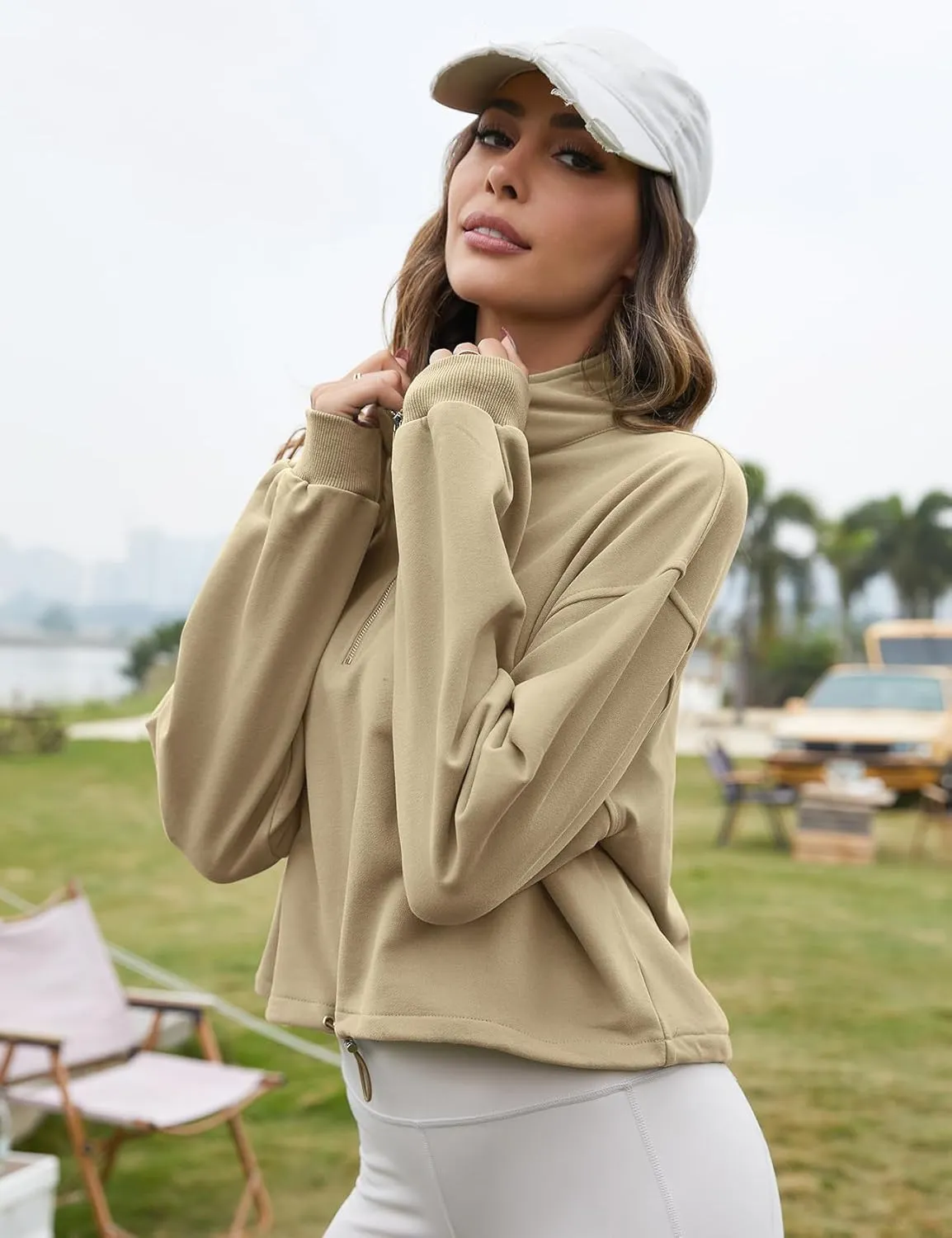Flygo Womens Half Zip Sweatshirts Stand Collar Activewear Running Workout Pullover Tops