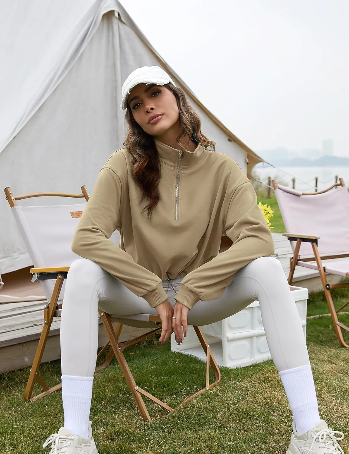 Flygo Womens Half Zip Sweatshirts Stand Collar Activewear Running Workout Pullover Tops