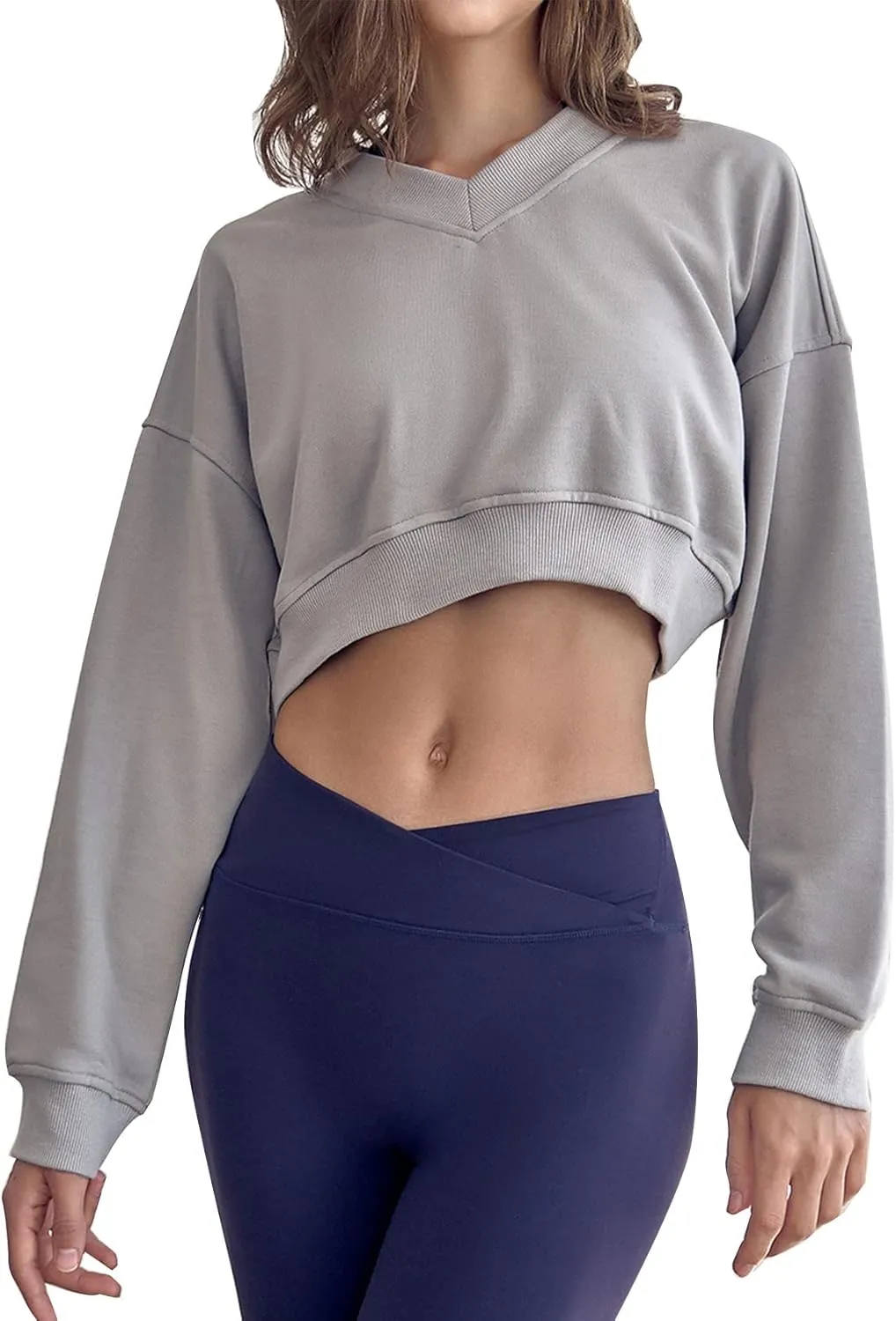 Flygo Womens Sweatshirts Pullover Tops Drop Shoulder Running Activewear Casual Gym Workout(Grey-L)