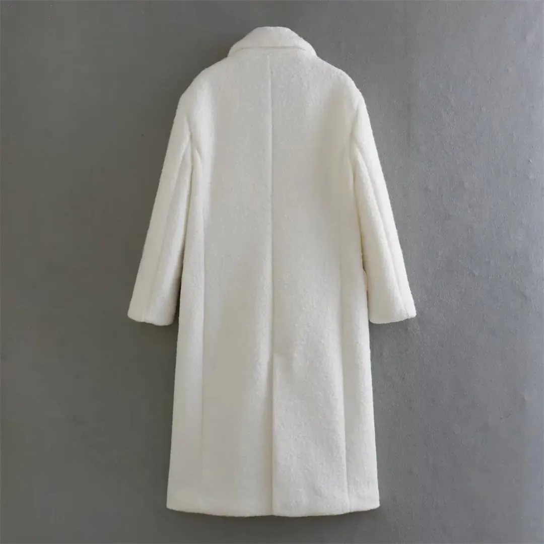 Fnfmrfmr Women Wool Blend Coat Lapel White Single-Breasted Long Outerwear Jacket