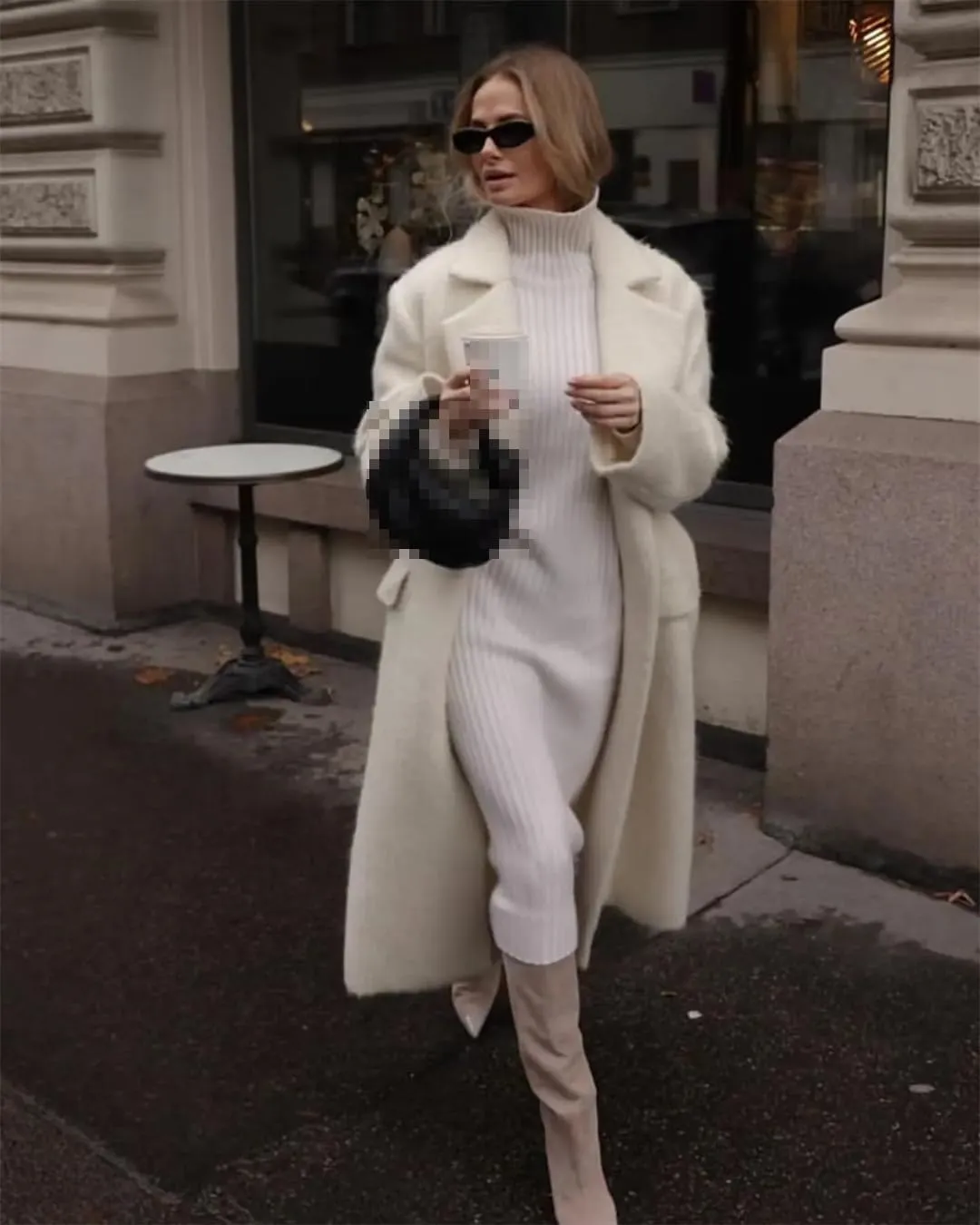 Fnfmrfmr Women Wool Blend Coat Lapel White Single-Breasted Long Outerwear Jacket