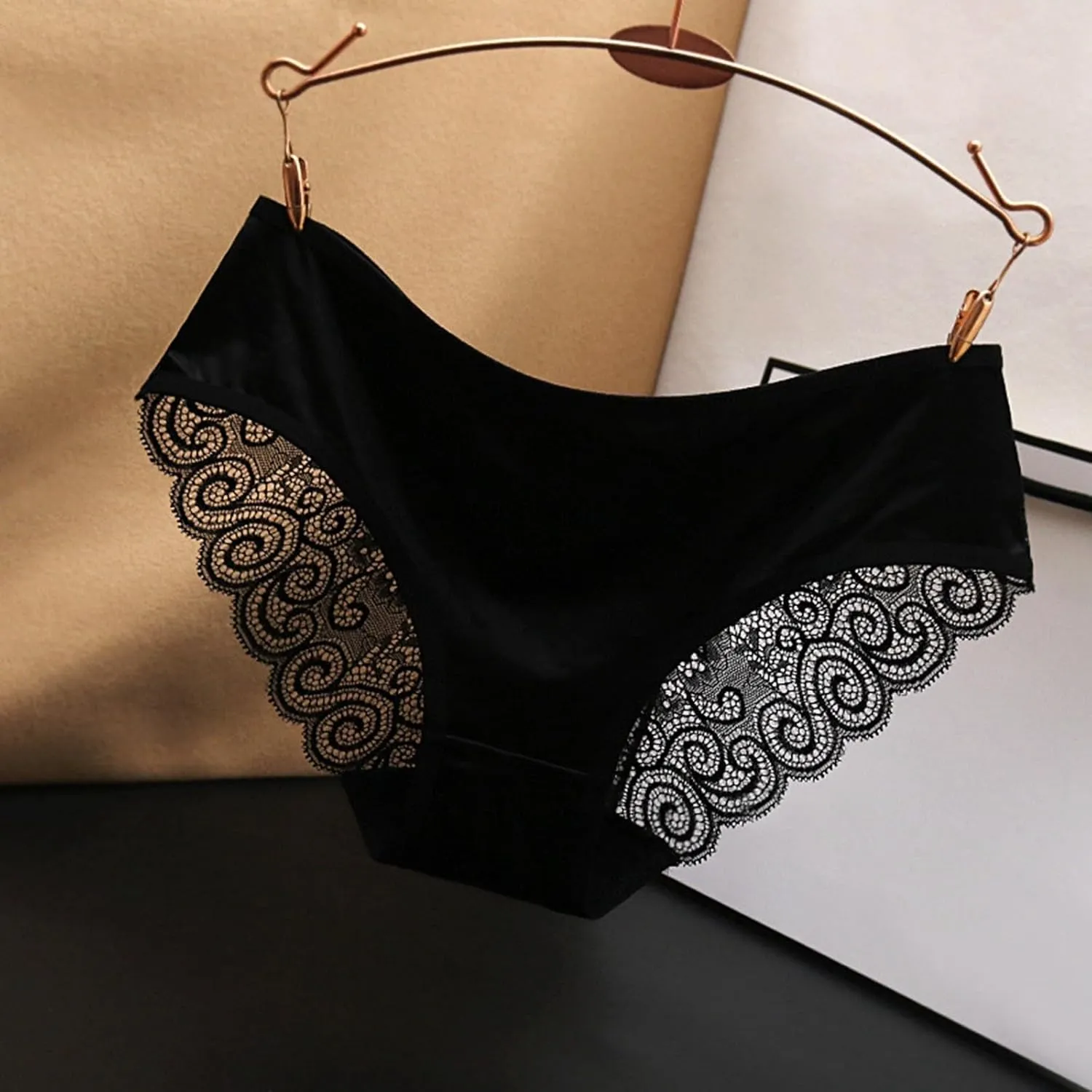 Franterd Seamless Satin Underwear for Women Mesh Lace Low Waist No Show Panties Ladies Lace Bikini Cheeky Hipster Briefs