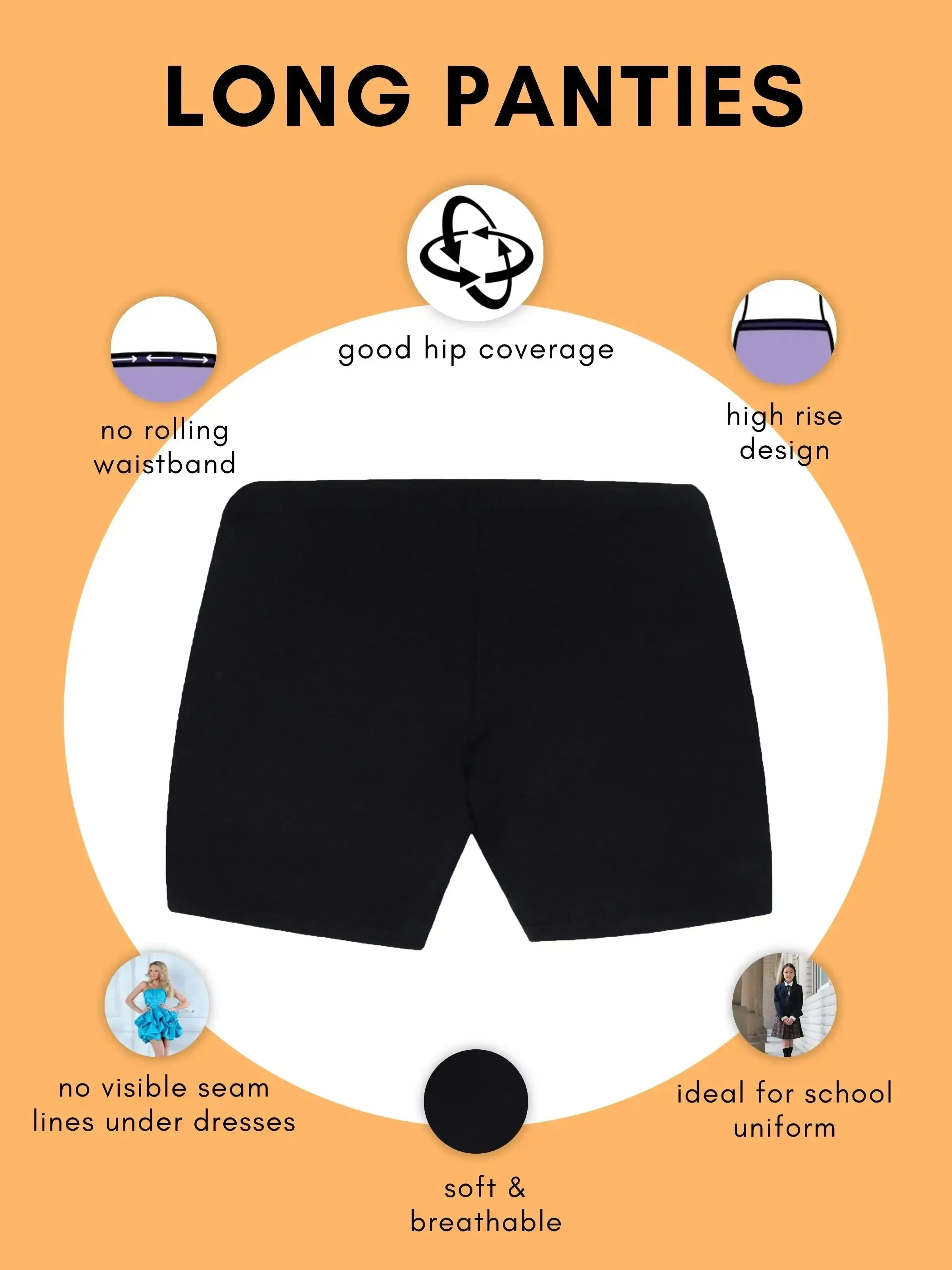 Full Coverage High Waist Long Panties with No Side Seams in Black & White