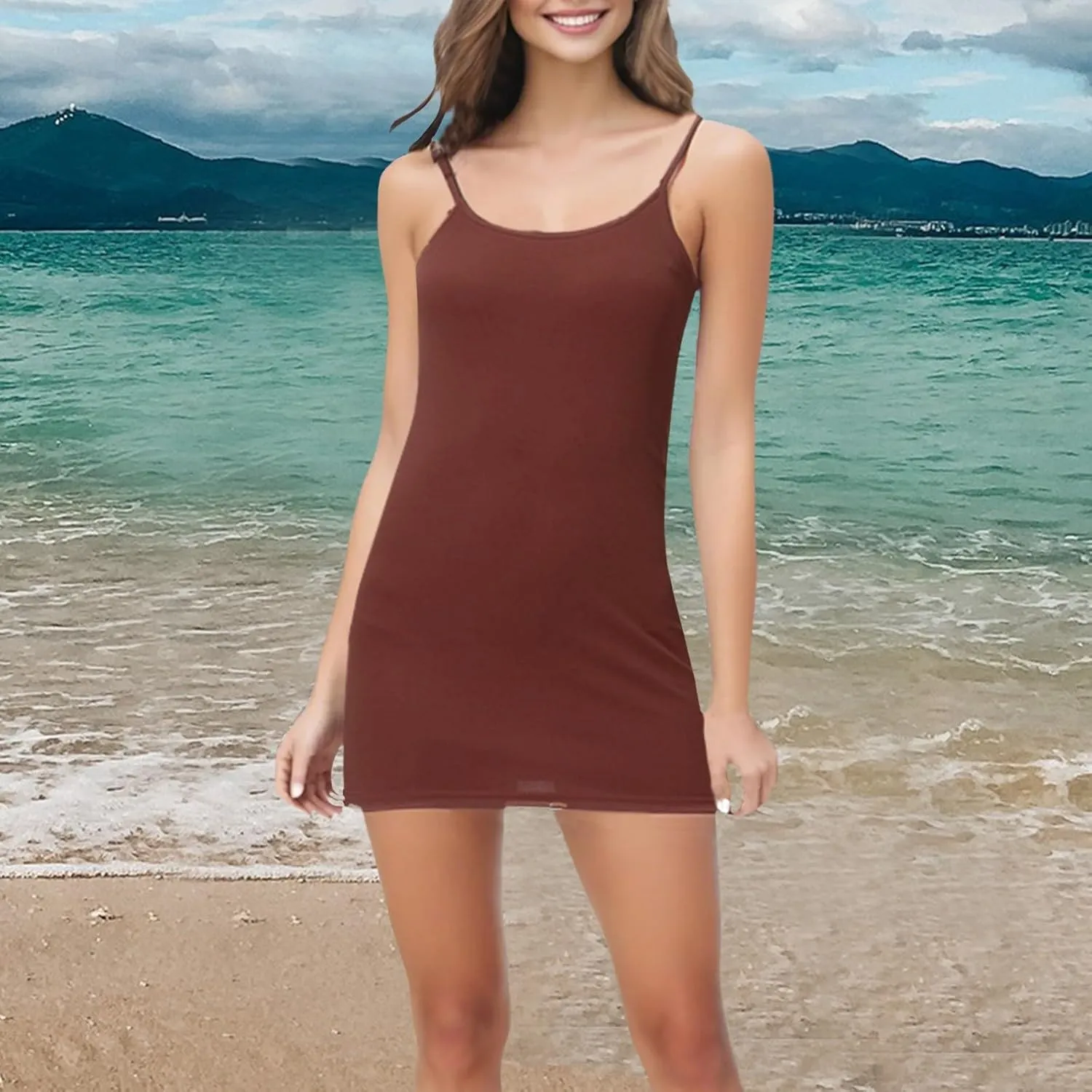 Full Slip for Women Under Dress Scoop Neck Mini Dresses Summer Spaghetti Strap Cami Dress Short Sundress Nightgown