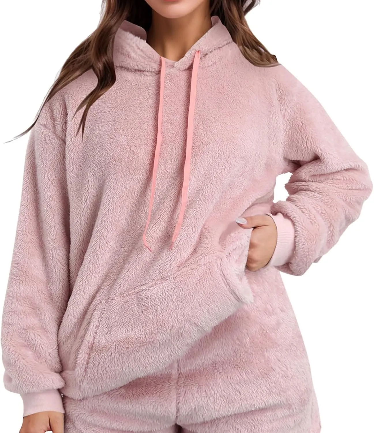 Fuzzy Fleece Pajamas 2 Piece Warm Lounge Set Sherpa Fluffy Hoodie Shorts Sets Loungewear Pajamas Sets