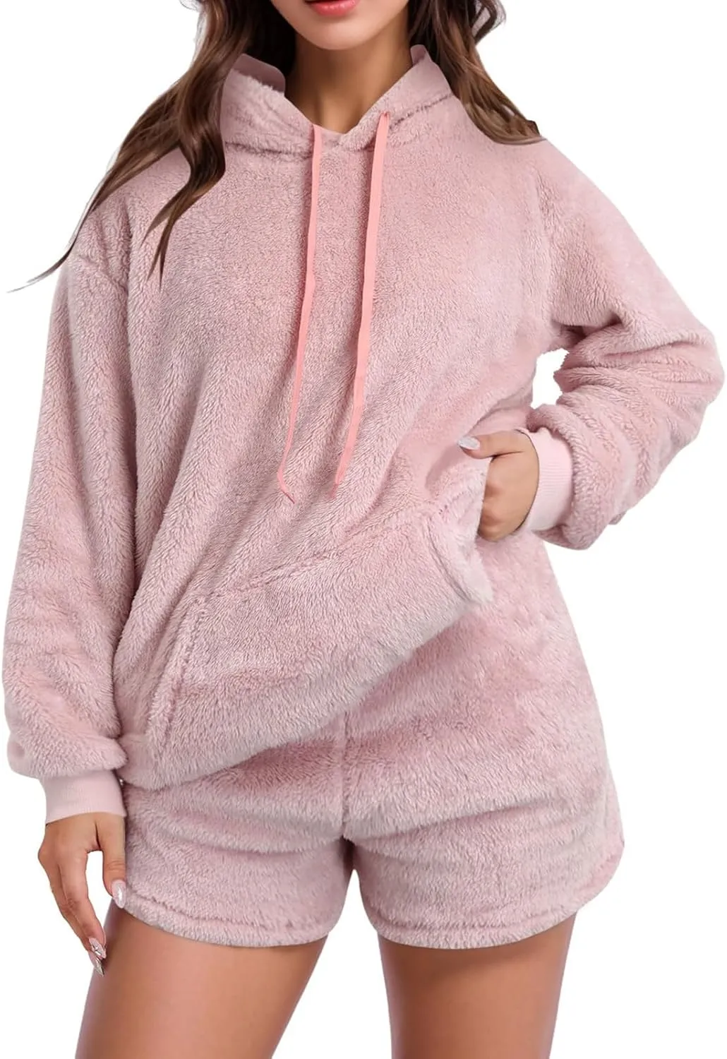 Fuzzy Fleece Pajamas 2 Piece Warm Lounge Set Sherpa Fluffy Hoodie Shorts Sets Loungewear Pajamas Sets