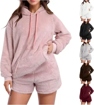 Fuzzy Fleece Pajamas 2 Piece Warm Lounge Set Sherpa Fluffy Hoodie Shorts Sets Loungewear Pajamas Sets