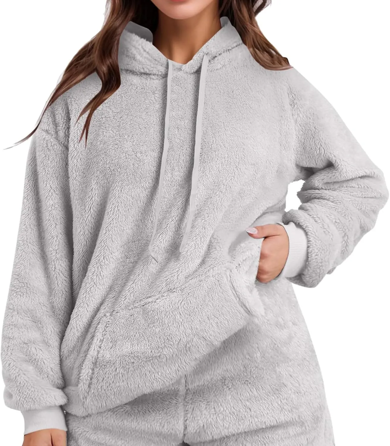 Fuzzy Fleece Pajamas 2 Piece Warm Lounge Set Sherpa Fluffy Hoodie Shorts Sets Loungewear Pajamas Sets