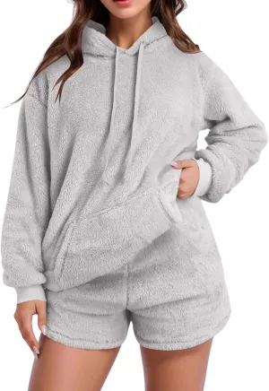Fuzzy Fleece Pajamas 2 Piece Warm Lounge Set Sherpa Fluffy Hoodie Shorts Sets Loungewear Pajamas Sets