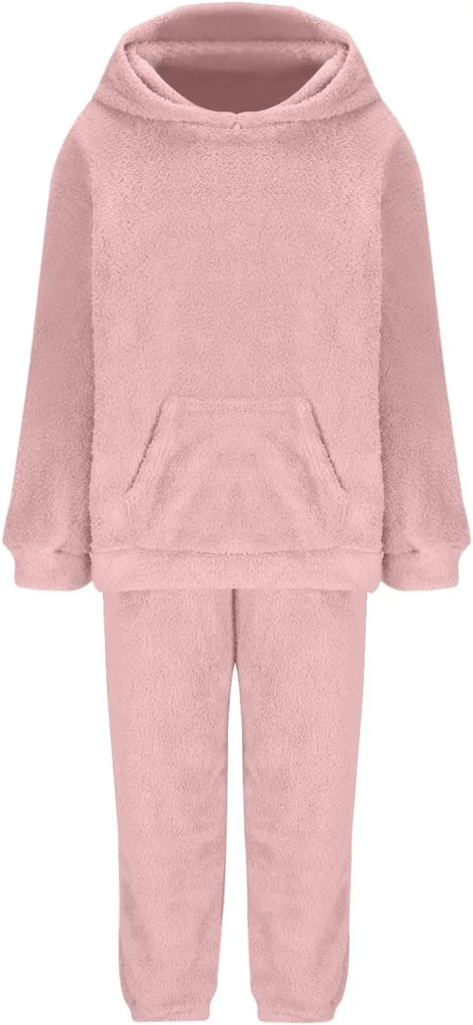 Fuzzy Pajamas Set Women Plus Size Winter Lounge Set Warm Fluffy Sleepwear Casual Hoodies and Pants Sets Comfy Pj Set
