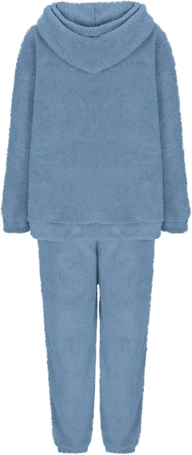 Fuzzy Pajamas Set Women Plus Size Winter Lounge Set Warm Fluffy Sleepwear Casual Hoodies and Pants Sets Comfy Pj Set