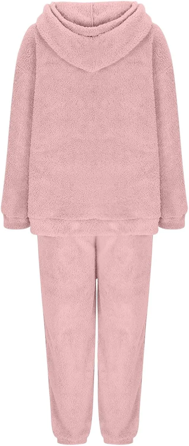 Fuzzy Pajamas Set Women Plus Size Winter Lounge Set Warm Fluffy Sleepwear Casual Hoodies and Pants Sets Comfy Pj Set