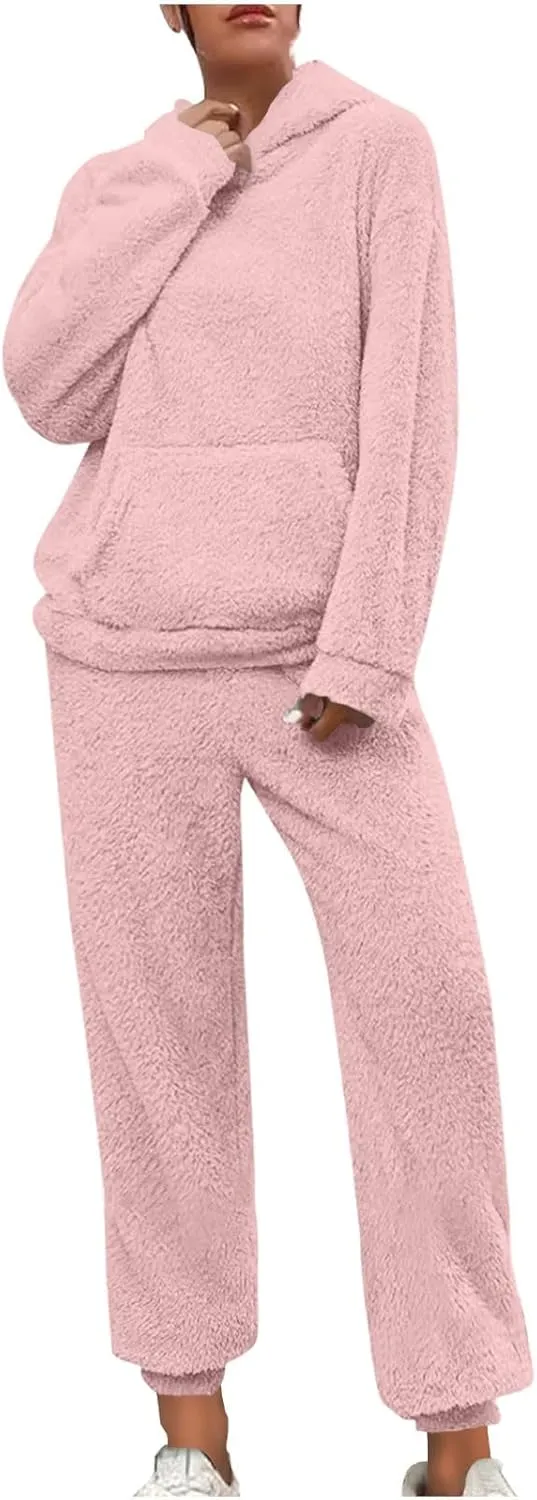 Fuzzy Pajamas Set Women Plus Size Winter Lounge Set Warm Fluffy Sleepwear Casual Hoodies and Pants Sets Comfy Pj Set