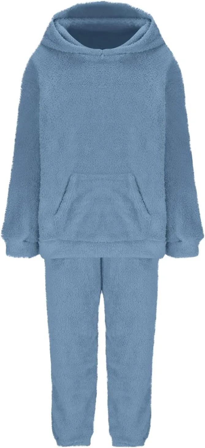 Fuzzy Pajamas Set Women Plus Size Winter Lounge Set Warm Fluffy Sleepwear Casual Hoodies and Pants Sets Comfy Pj Set